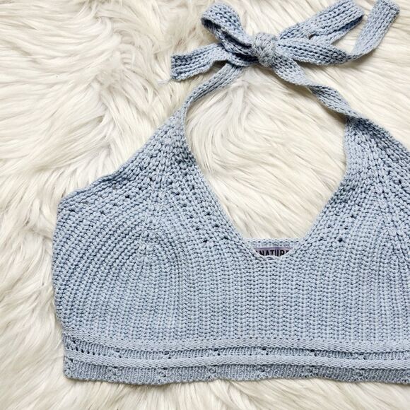 Signature 8 Knit Halter Crop Top Blue Size Small - Picture 3 of 5